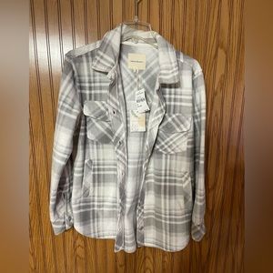 Thread & Supply Plaid Polar Fleece Shacket in Light Grey White Plaid